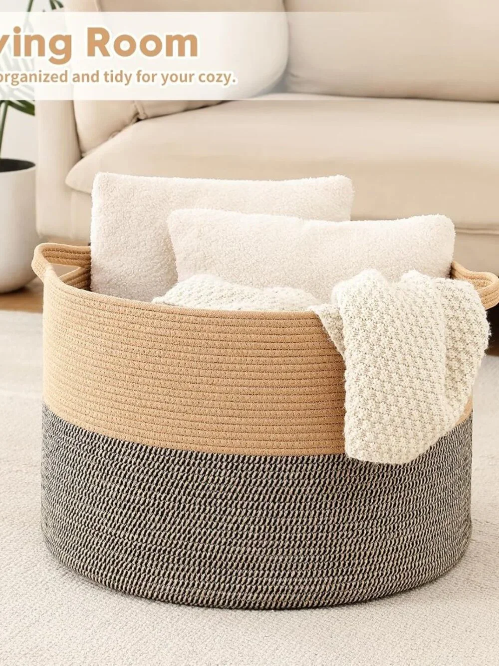 New Foldable Laundry Hamper Basket with Collapsible Handle Cotton Rope Soft Wov